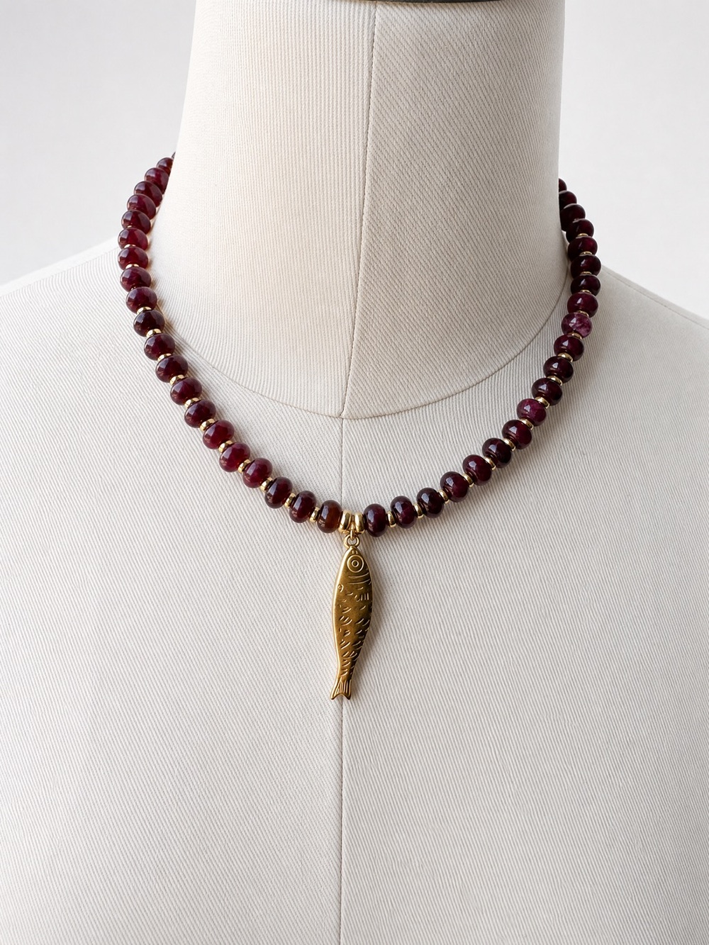 New Gold Fish Pendant Garnet Bead Necklace